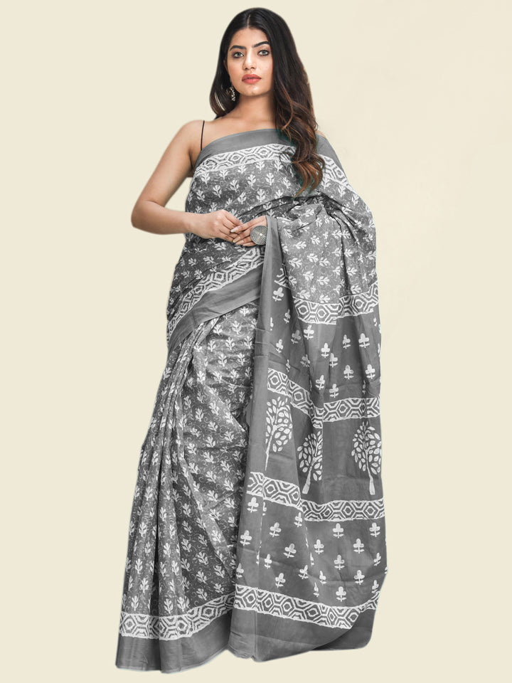 Buta Buti Grey Colour Floral Printed Pure Cotton Saree