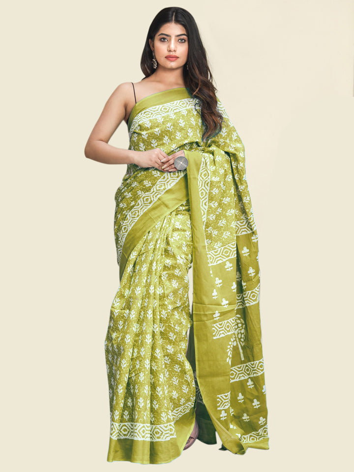 Buta Buti Olive Colour Floral Printed Pure Cotton Saree