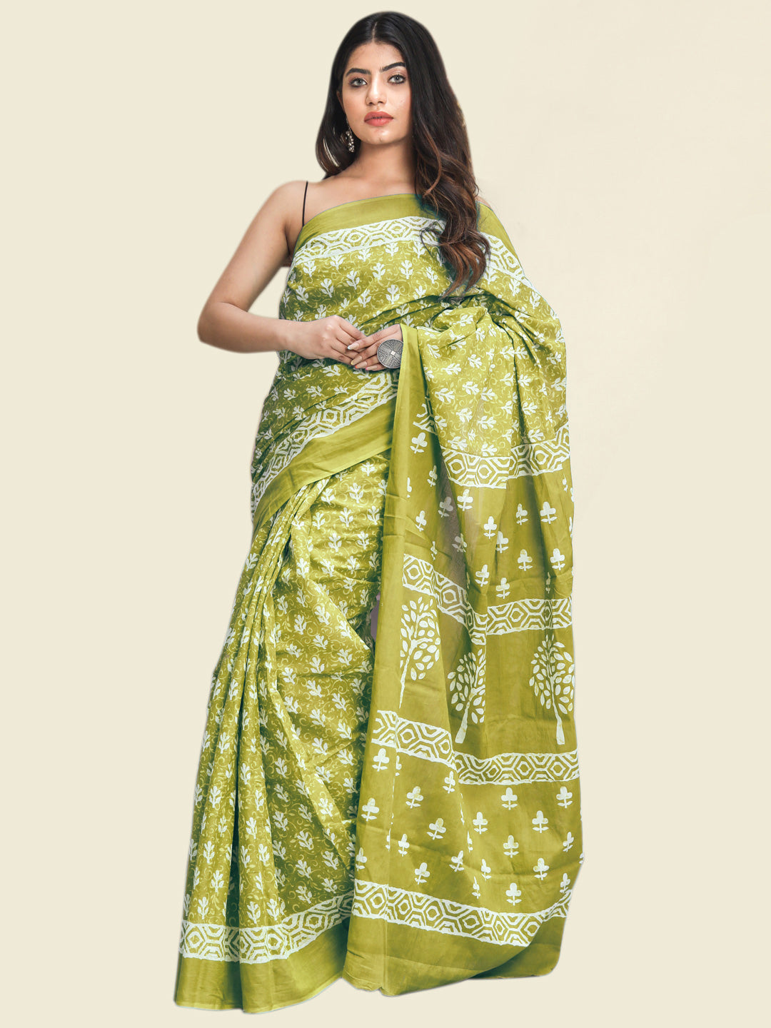 Buta Buti Olive Colour Floral Printed Pure Cotton Saree