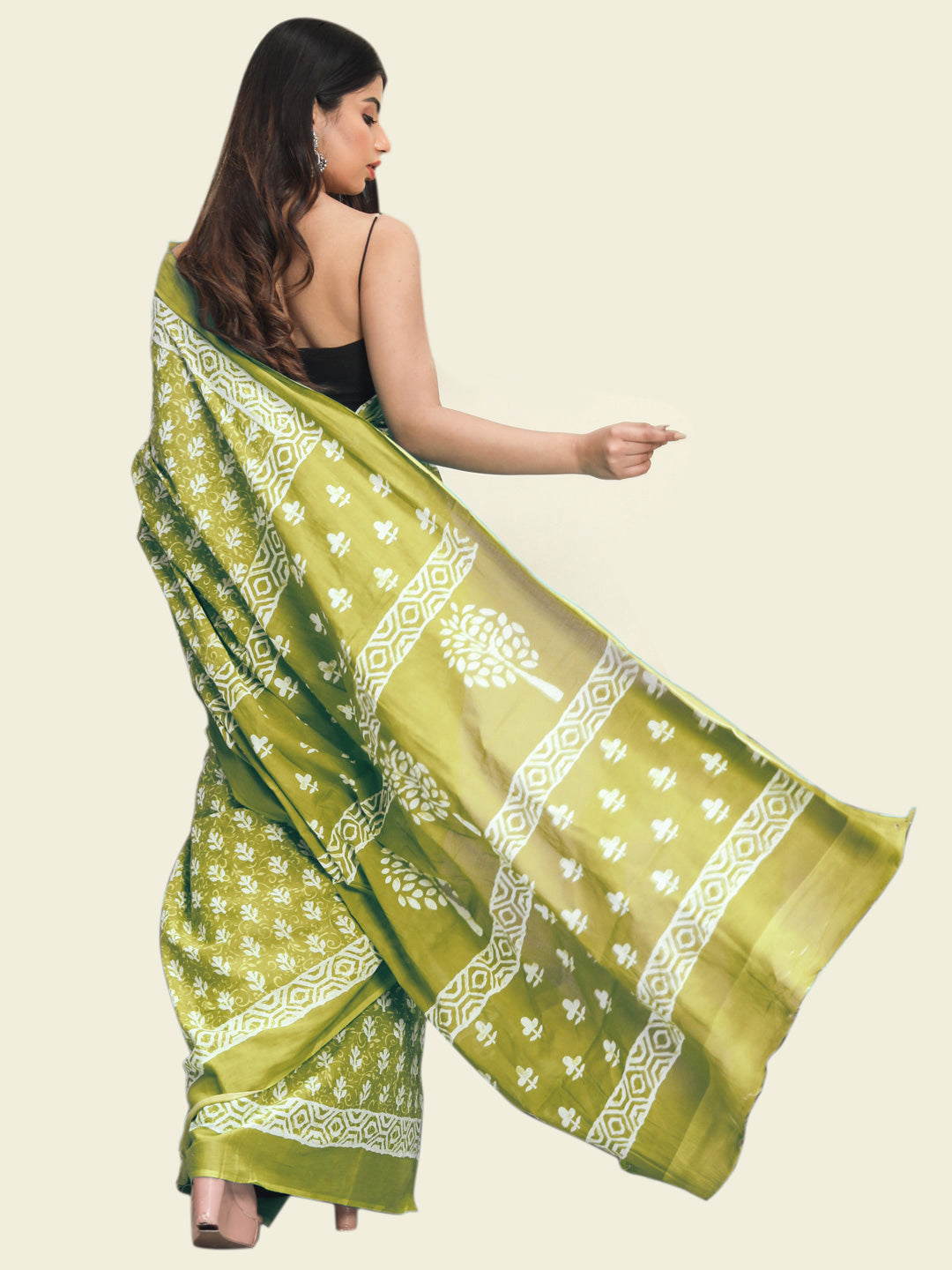 Buta Buti Olive Colour Floral Printed Pure Cotton Saree