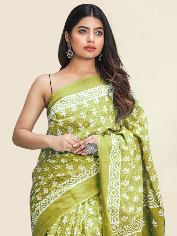 Buta Buti Olive Colour Floral Printed Pure Cotton Saree