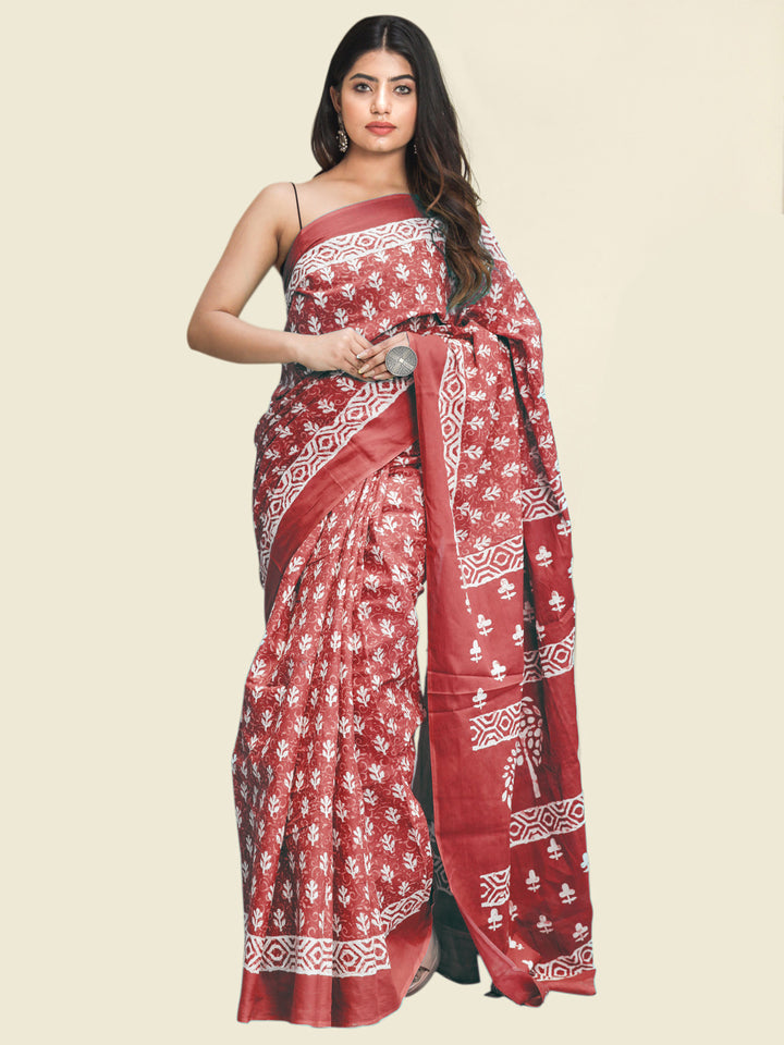 Buta Buti Red Colour Floral Printed Pure Cotton Saree