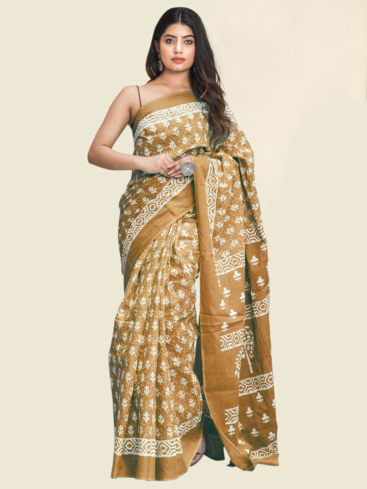 Buta Buti Rust Colour Floral Printed Pure Cotton Saree