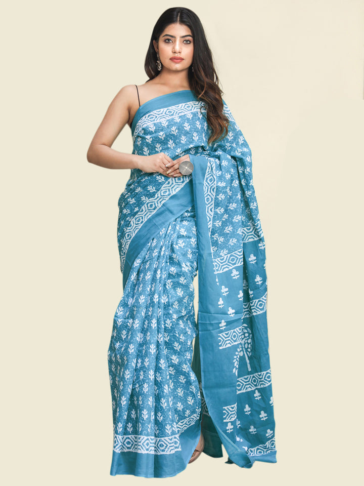 Buta Buti Blue Colour Floral Printed Pure Cotton Saree