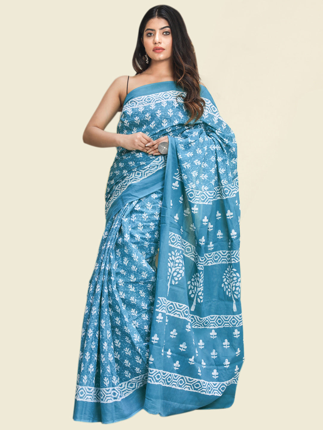 Buta Buti Blue Colour Floral Printed Pure Cotton Saree