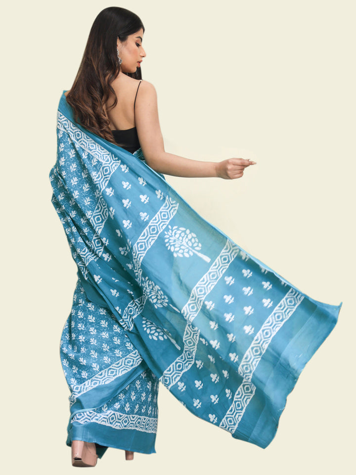 Buta Buti Blue Colour Floral Printed Pure Cotton Saree