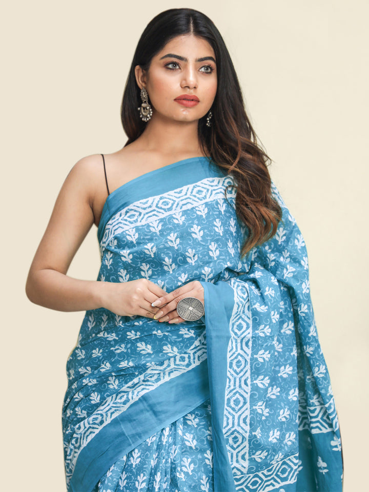 Buta Buti Blue Colour Floral Printed Pure Cotton Saree