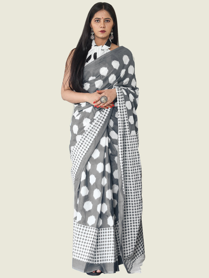 Buta Buti Grey Colour Geometric Printed Pure Cotton Saree