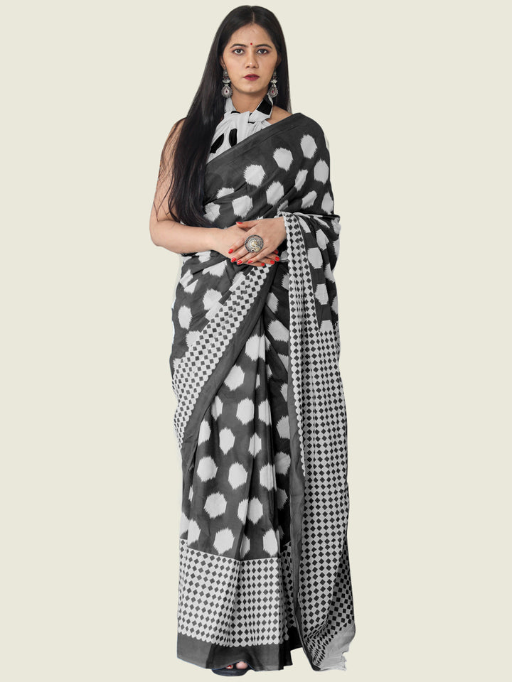 Buta Buti Black Colour Geometric Printed Pure Cotton Saree