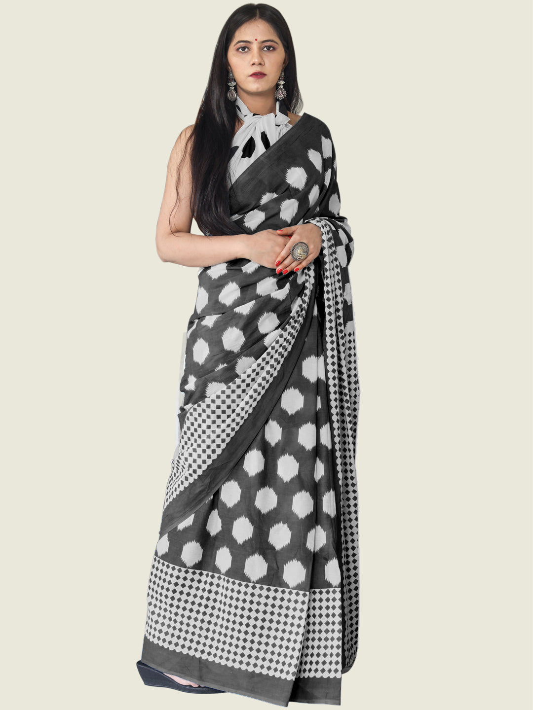 Buta Buti Black Colour Geometric Printed Pure Cotton Saree