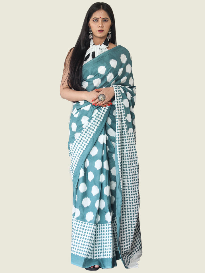 Buta Buti Blue Colour Geometric Printed Pure Cotton Saree