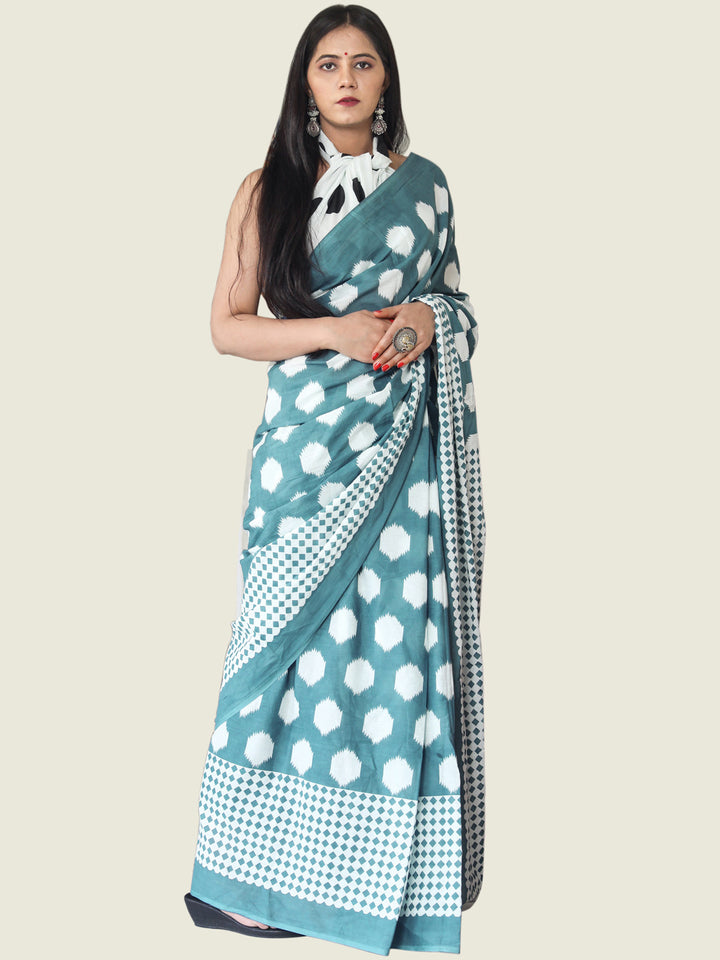 Buta Buti Blue Colour Geometric Printed Pure Cotton Saree