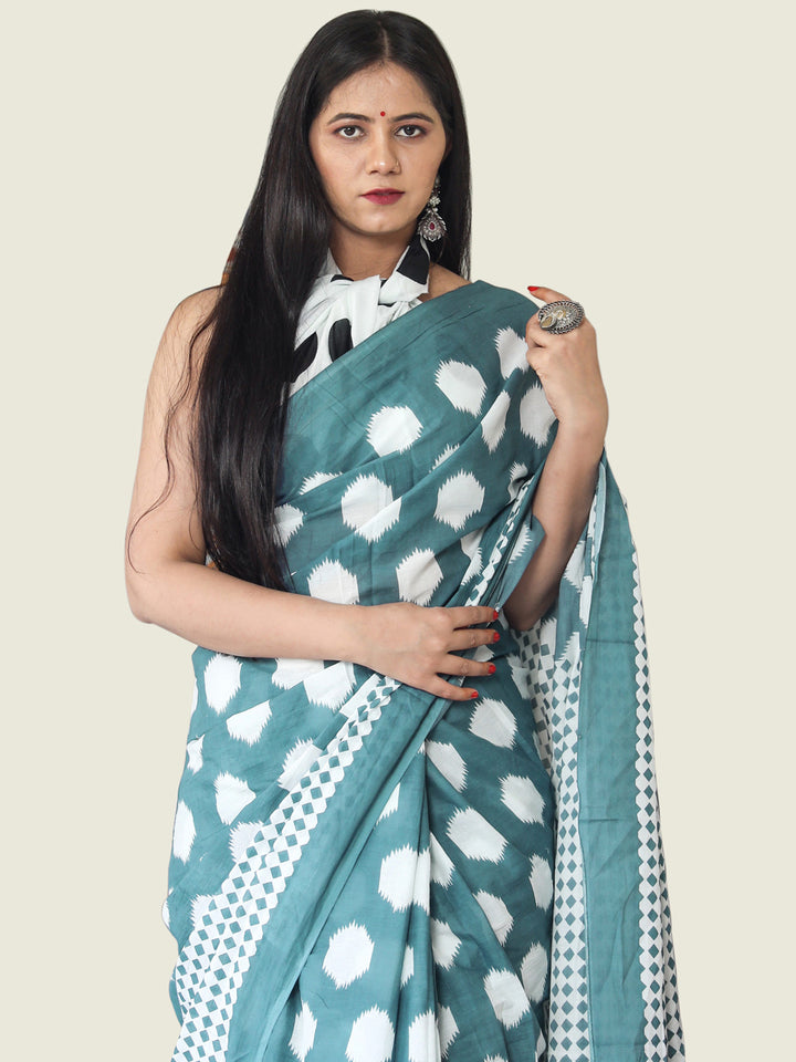 Buta Buti Blue Colour Geometric Printed Pure Cotton Saree