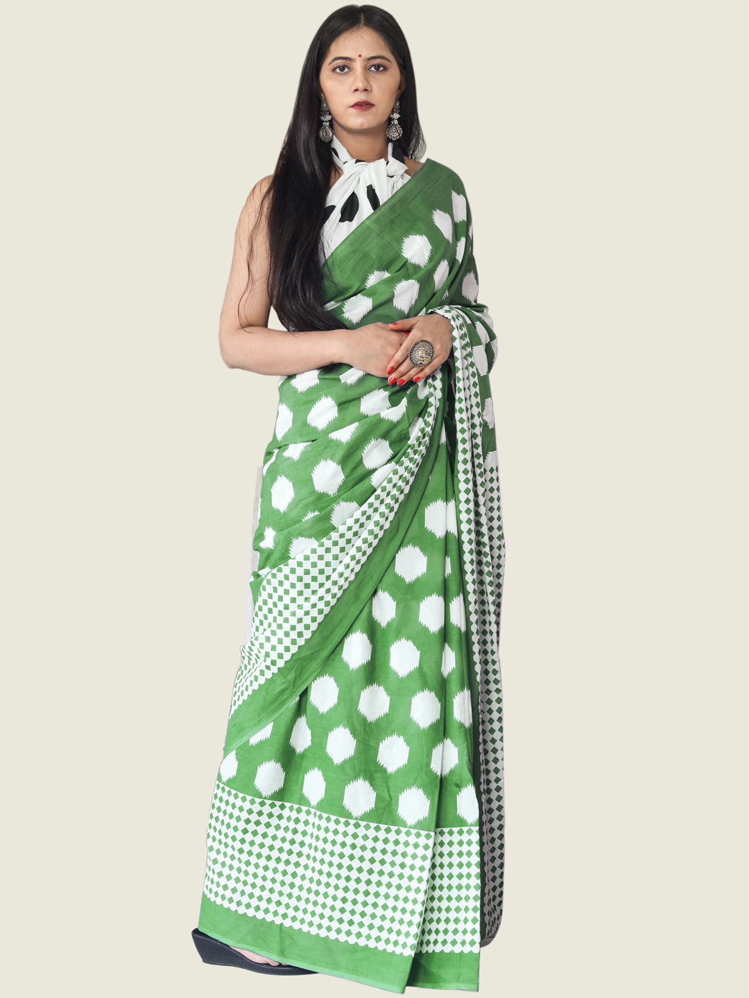 Buta Buti Green Colour Geometric Printed Pure Cotton Saree