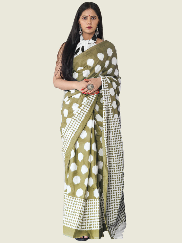 Buta Buti Olive Colour Geometric Printed Pure Cotton Saree