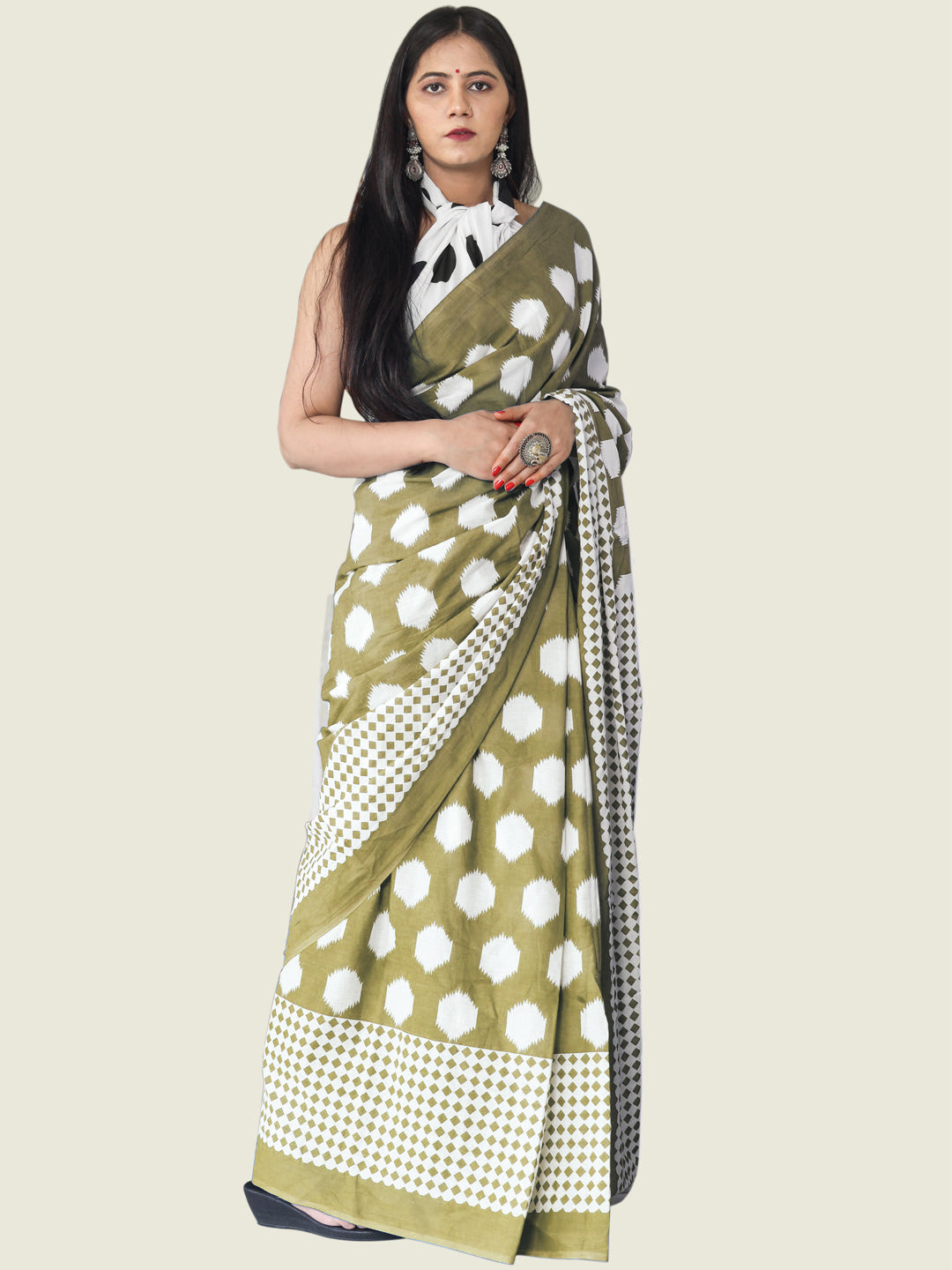 Buta Buti Olive Colour Geometric Printed Pure Cotton Saree