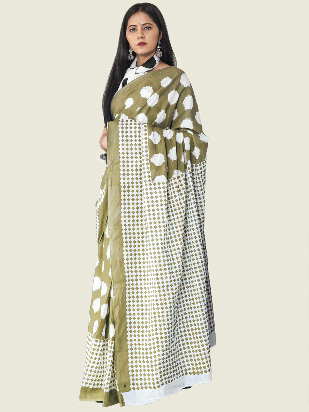 Buta Buti Olive Colour Geometric Printed Pure Cotton Saree