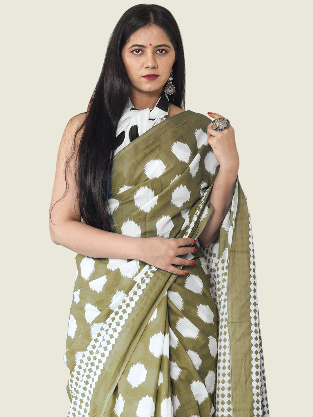 Buta Buti Olive Colour Geometric Printed Pure Cotton Saree