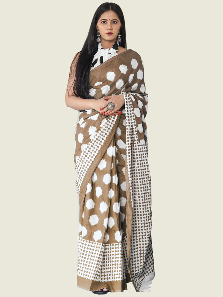 Buta Buti Brown Colour Geometric Printed Pure Cotton Saree