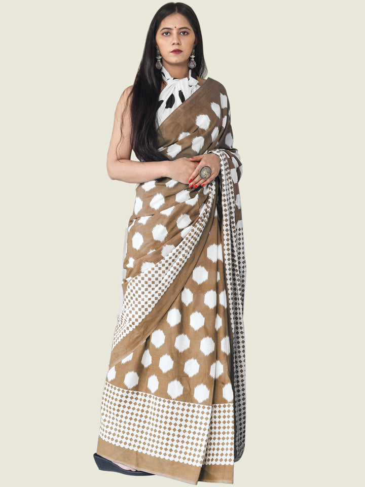 Buta Buti Brown Colour Geometric Printed Pure Cotton Saree