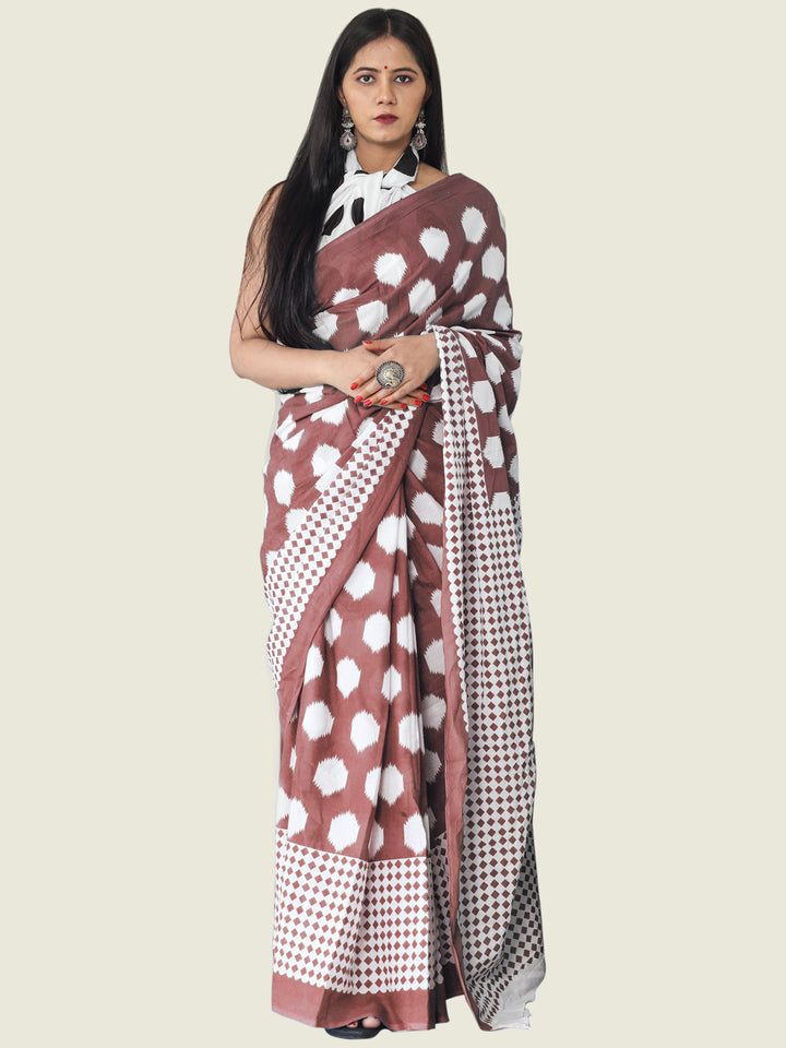 Buta Buti Rust Colour Geometric Printed Pure Cotton Saree