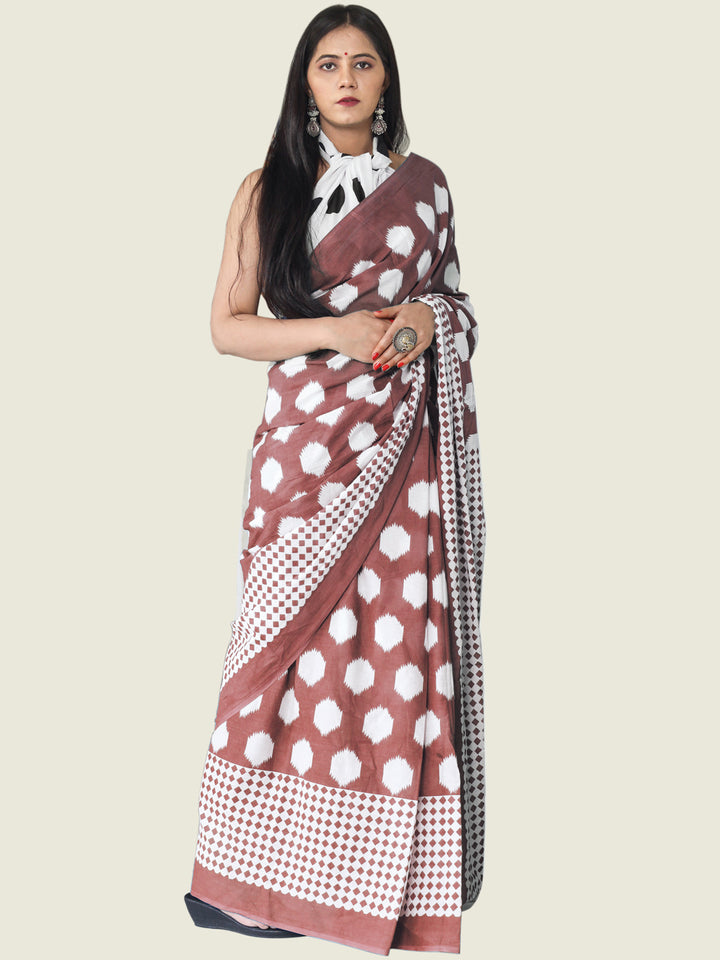 Buta Buti Rust Colour Geometric Printed Pure Cotton Saree