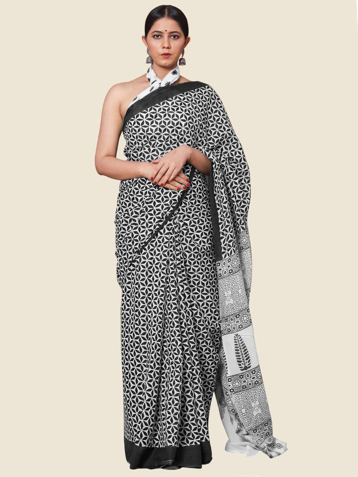 Buta Buti Black Colour Floral Printed Pure Cotton Saree