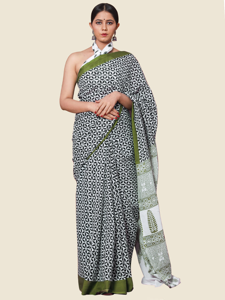 Buta Buti Olive Colour Floral Printed Pure Cotton Saree