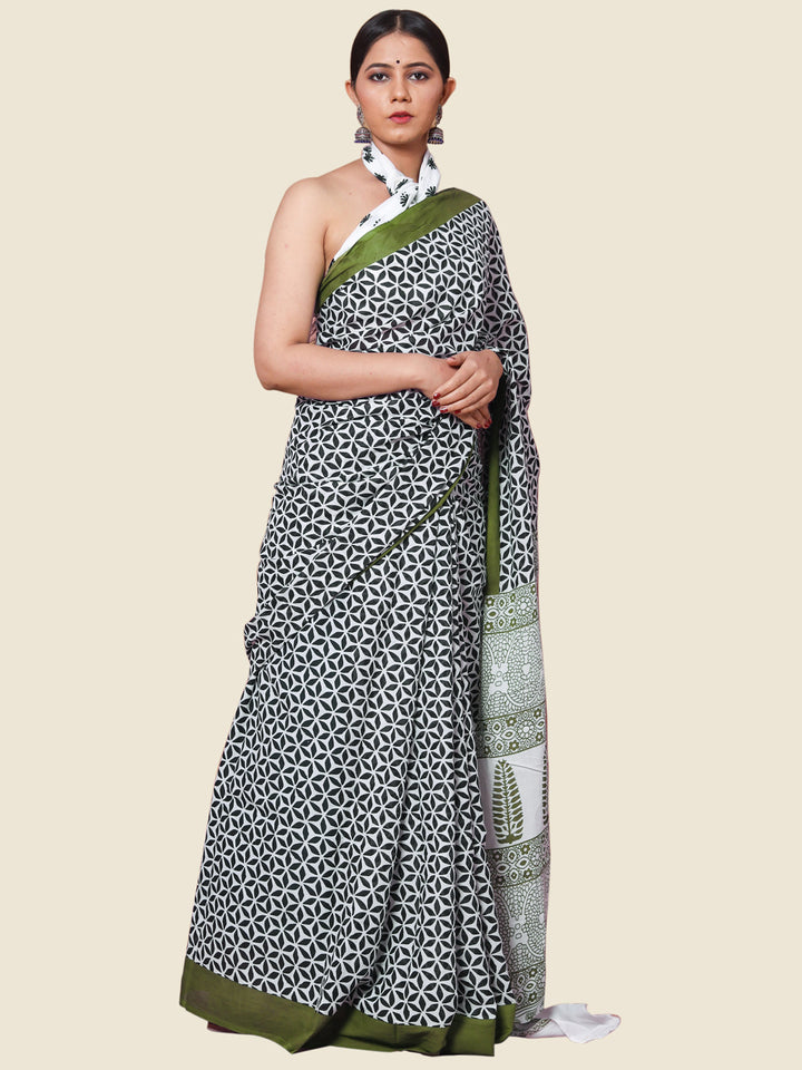 Buta Buti Olive Colour Floral Printed Pure Cotton Saree