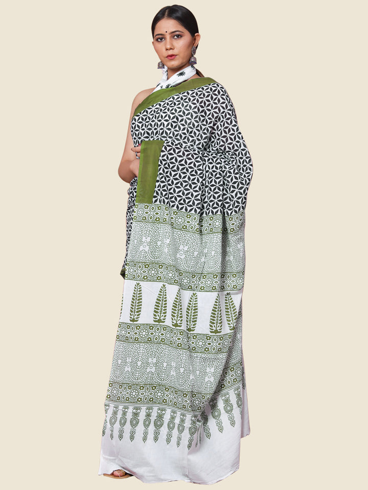 Buta Buti Olive Colour Floral Printed Pure Cotton Saree