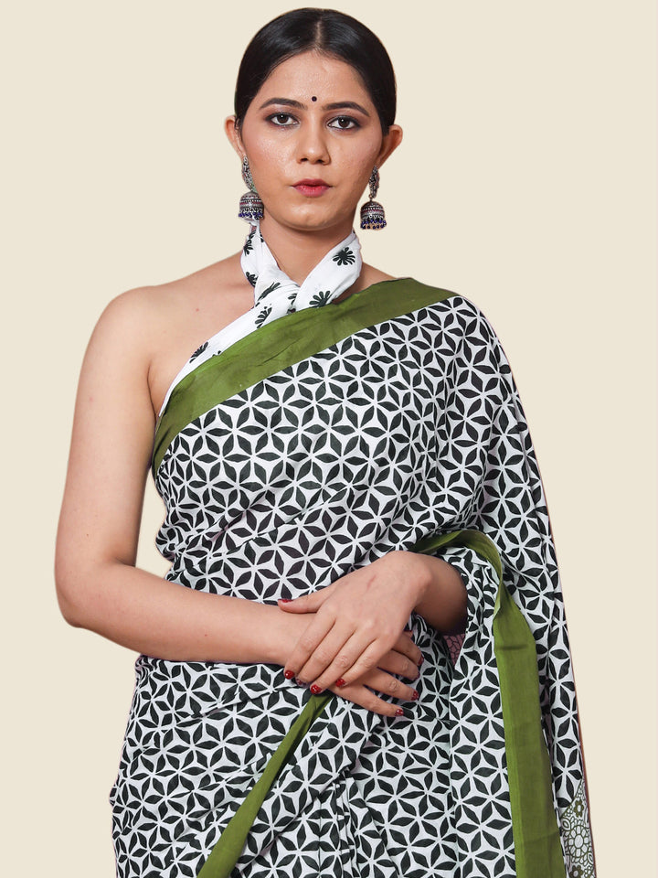 Buta Buti Olive Colour Floral Printed Pure Cotton Saree