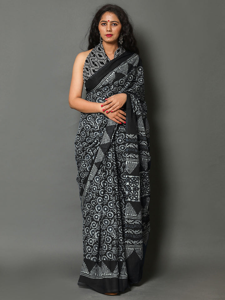 Buta Buti Black Colour Floral Printed Pure Cotton Saree