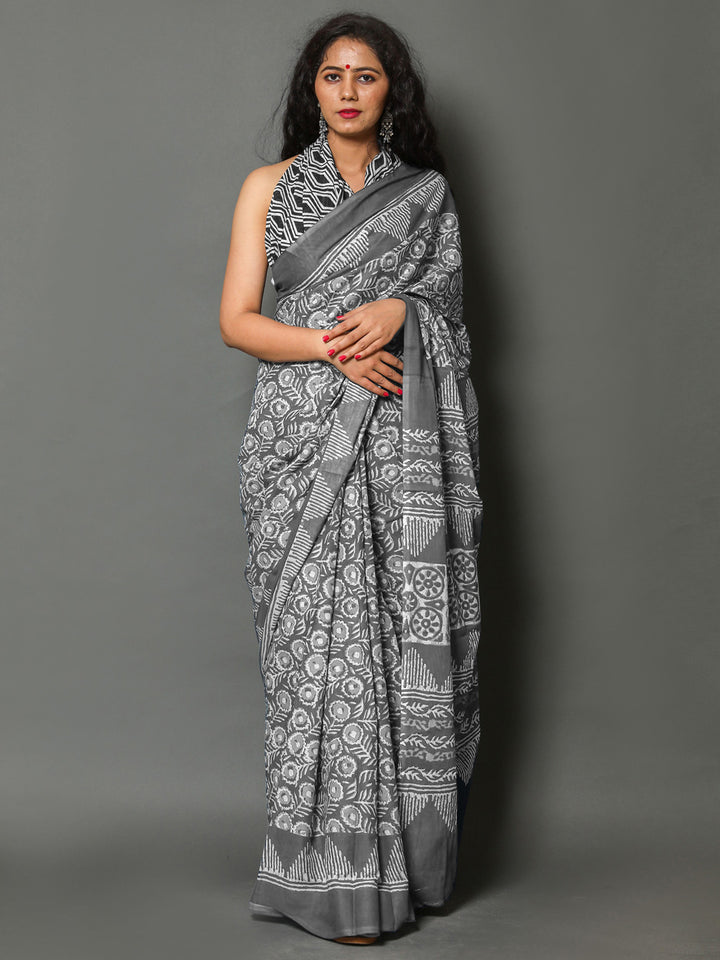 Buta Buti Grey Colour Floral Printed Pure Cotton Saree