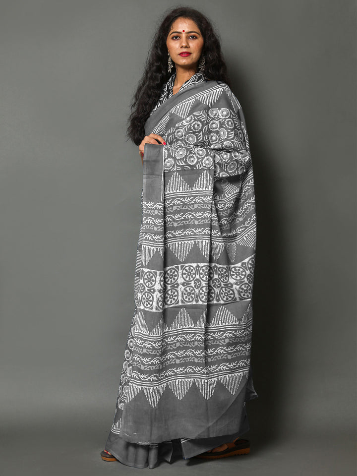 Buta Buti Grey Colour Floral Printed Pure Cotton Saree