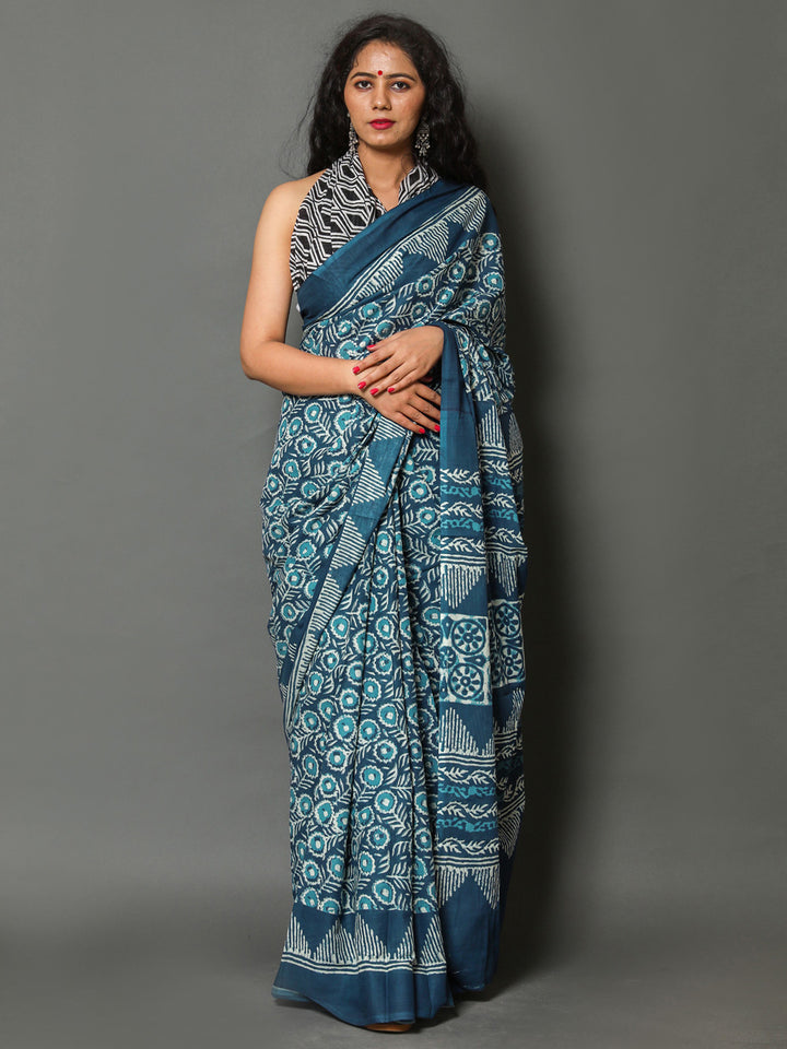 Buta Buti Blue Colour Floral Printed Pure Cotton Saree