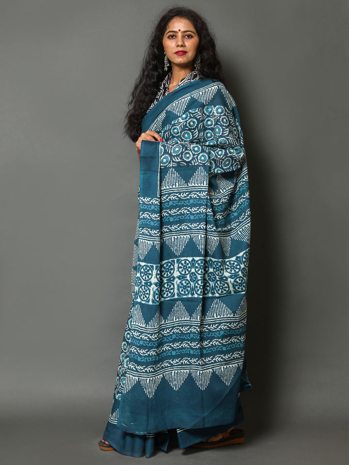 Buta Buti Blue Colour Floral Printed Pure Cotton Saree