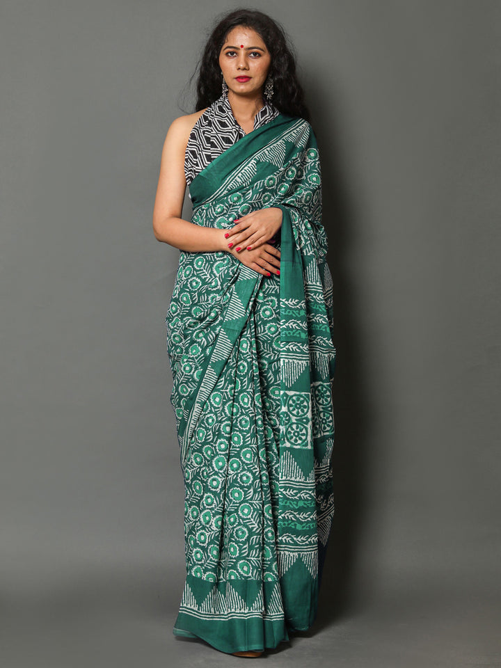 Buta Buti Sea Green Colour Floral Printed Pure Cotton Saree