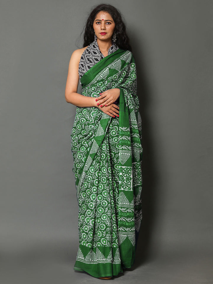 Buta Buti Green Colour Floral Printed Pure Cotton Saree