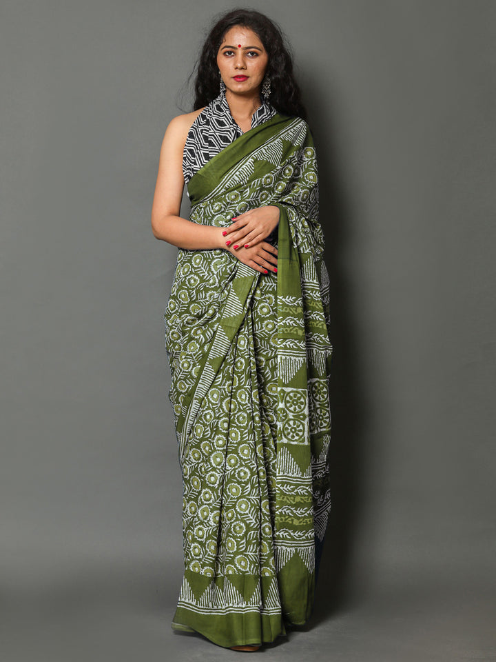 Buta Buti Olive Colour Floral Printed Pure Cotton Saree