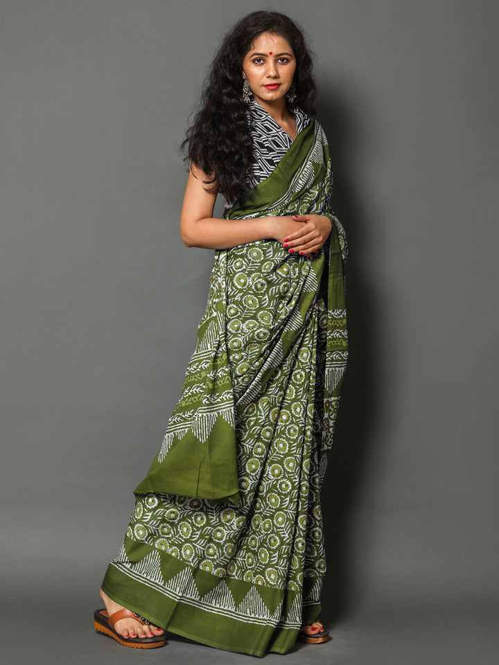 Buta Buti Olive Colour Floral Printed Pure Cotton Saree