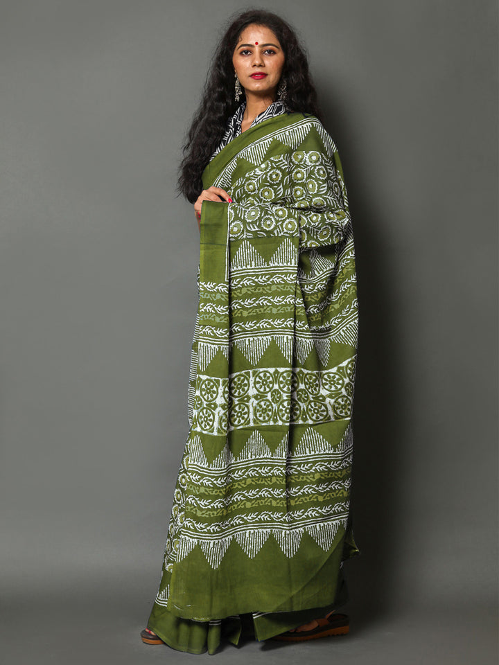 Buta Buti Olive Colour Floral Printed Pure Cotton Saree