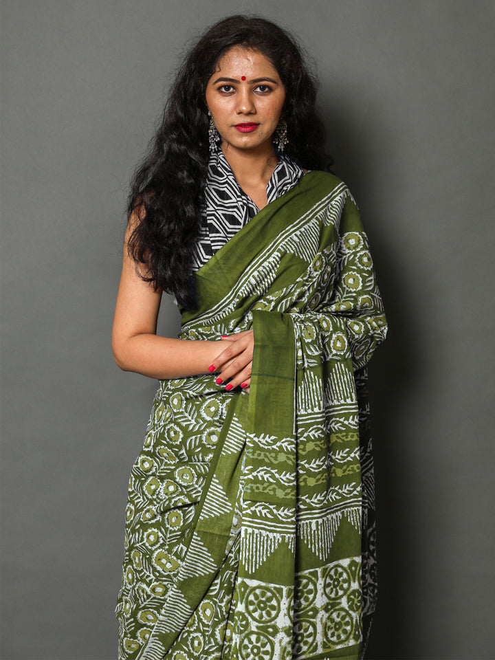 Buta Buti Olive Colour Floral Printed Pure Cotton Saree