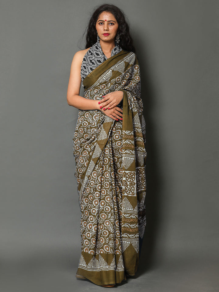 Buta Buti Copper Colour Floral Printed Pure Cotton Saree