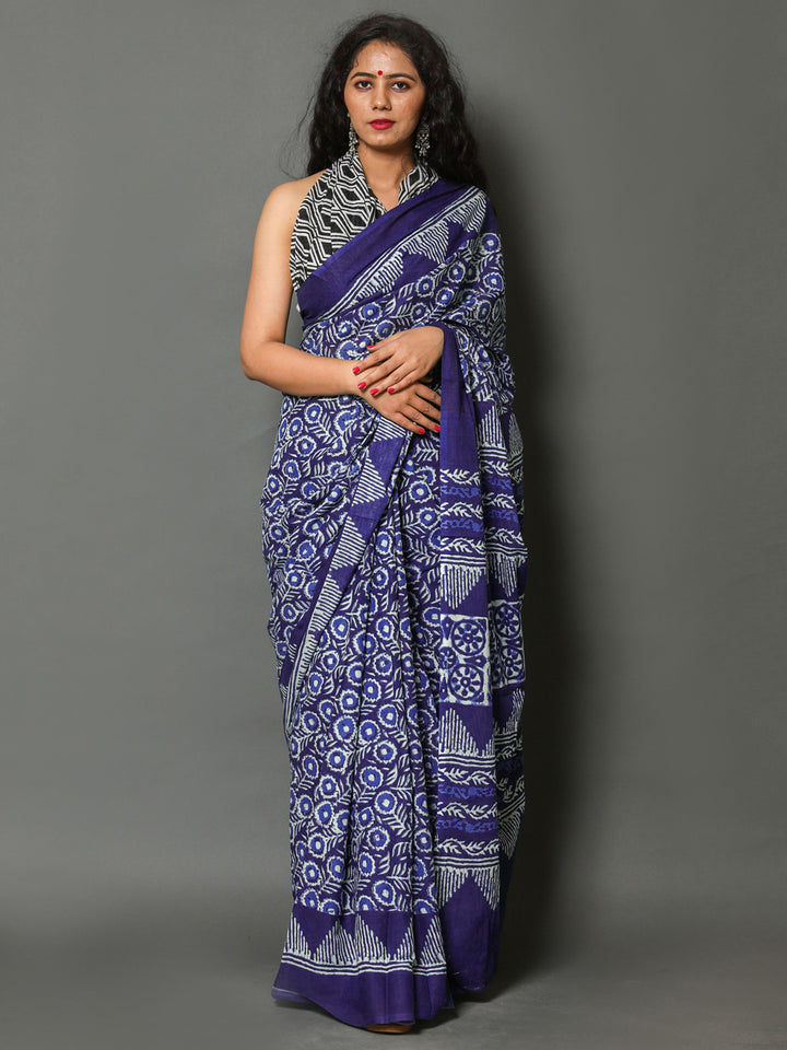 Buta Buti Navy Blue Colour Floral Printed Pure Cotton Saree