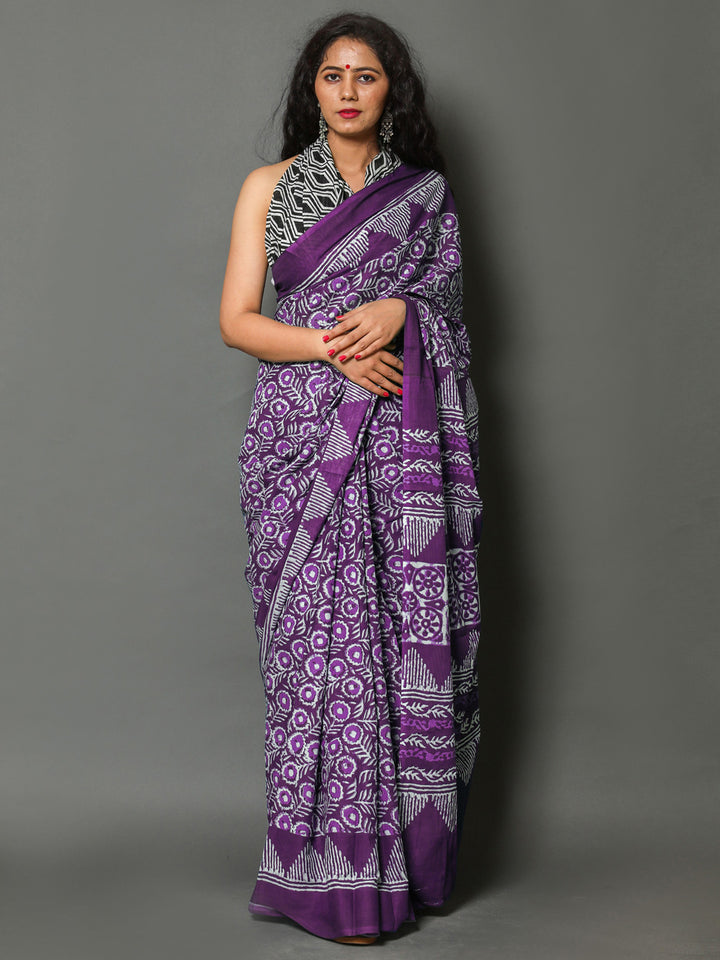 Buta Buti Purple Colour Floral Printed Pure Cotton Saree