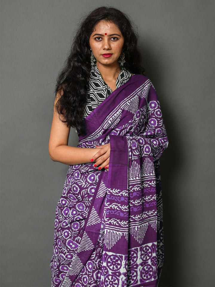 Buta Buti Purple Colour Floral Printed Pure Cotton Saree