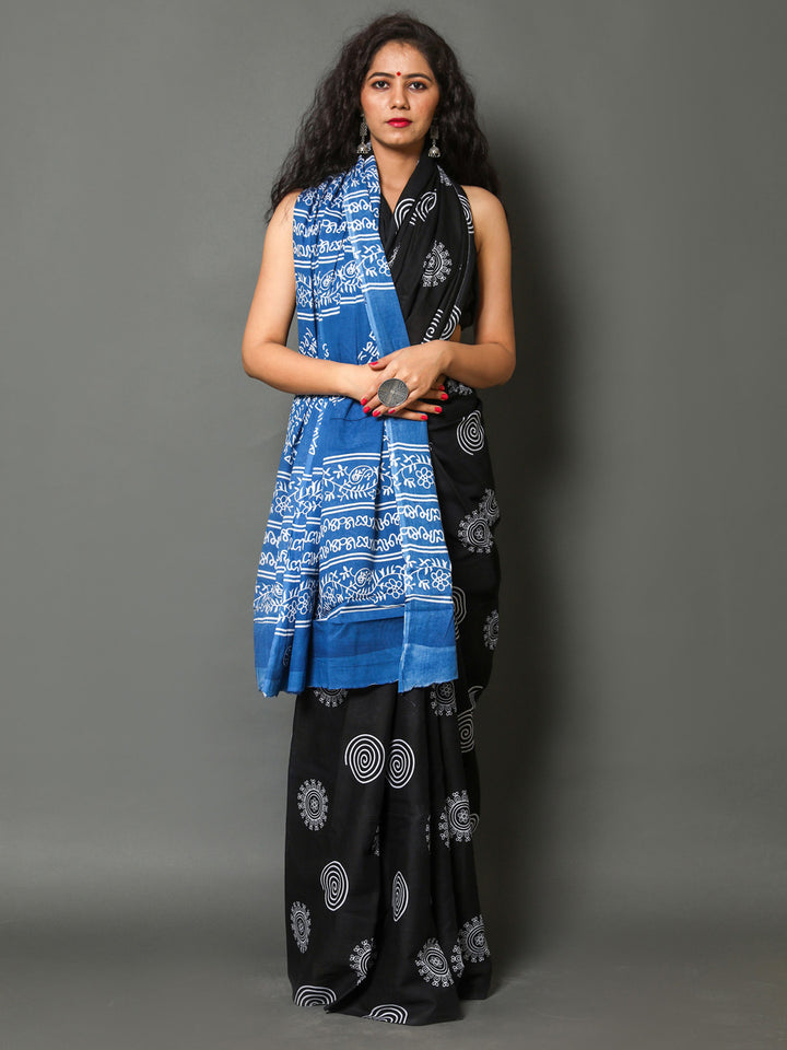 Buta Buti Black & Blue Ethnic Motifs Pure Cotton Fusion Saree