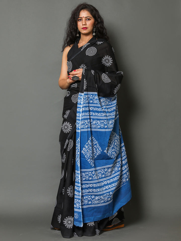 Buta Buti Black & Blue Ethnic Motifs Pure Cotton Fusion Saree