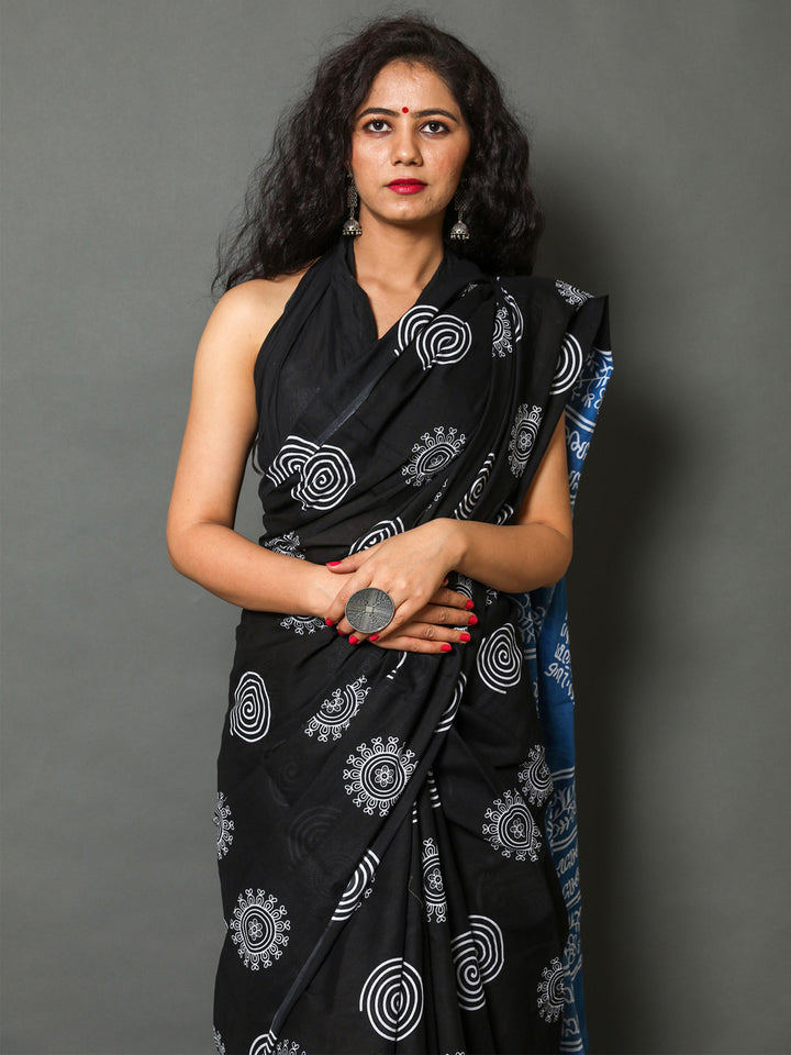 Buta Buti Black & Blue Ethnic Motifs Pure Cotton Fusion Saree