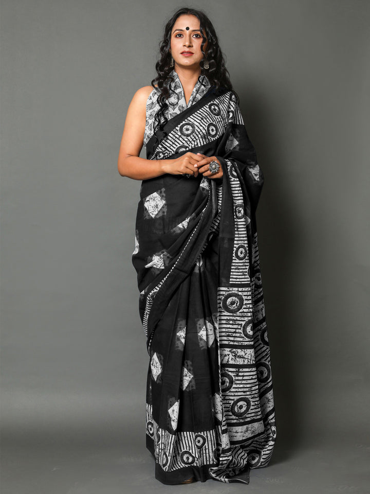 Buta Buti Black Colour Geometric Printed Pure Cotton Saree